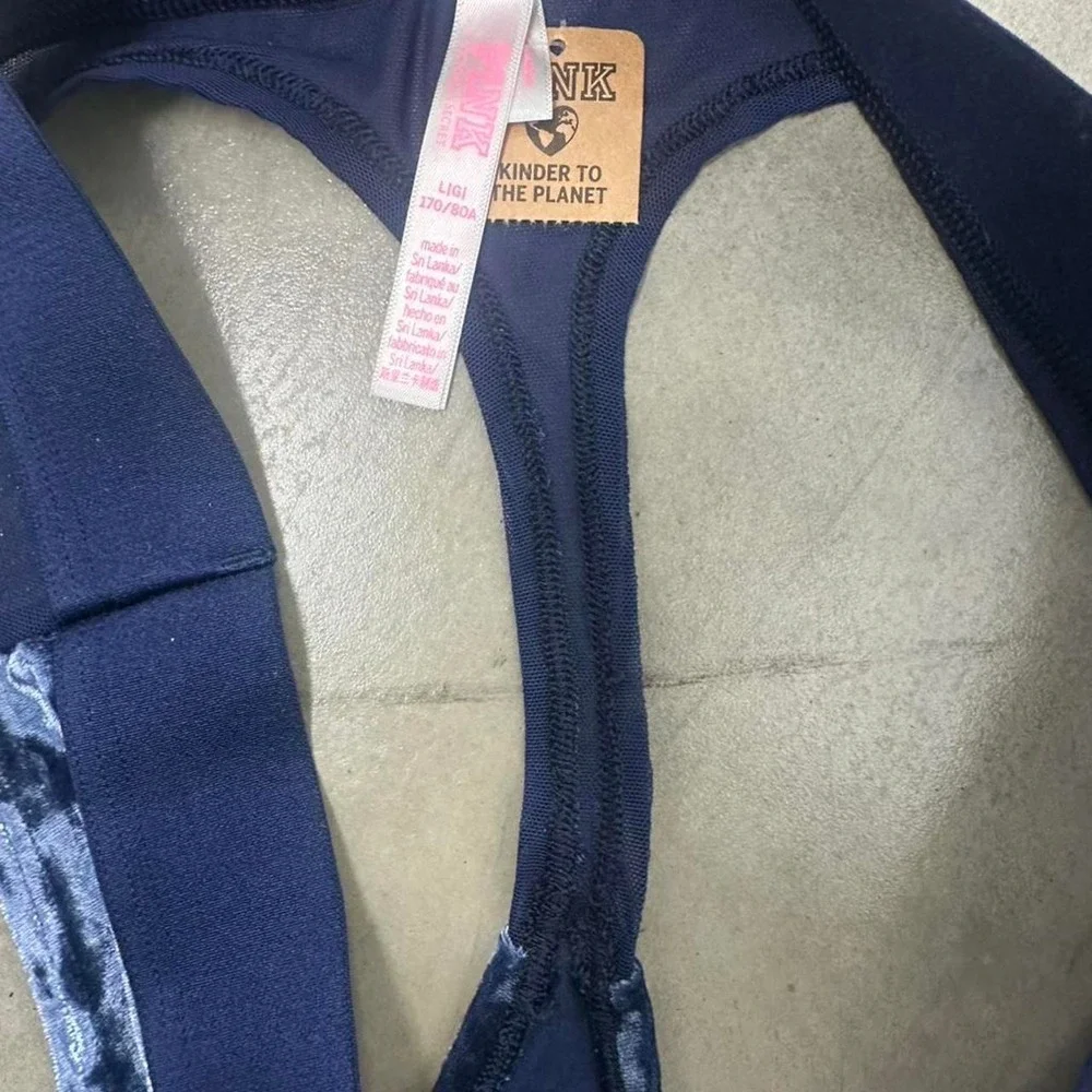 PINK Victoria's Secret Blue Crushed Velvet Mesh Thong Panty NWT Women's Large